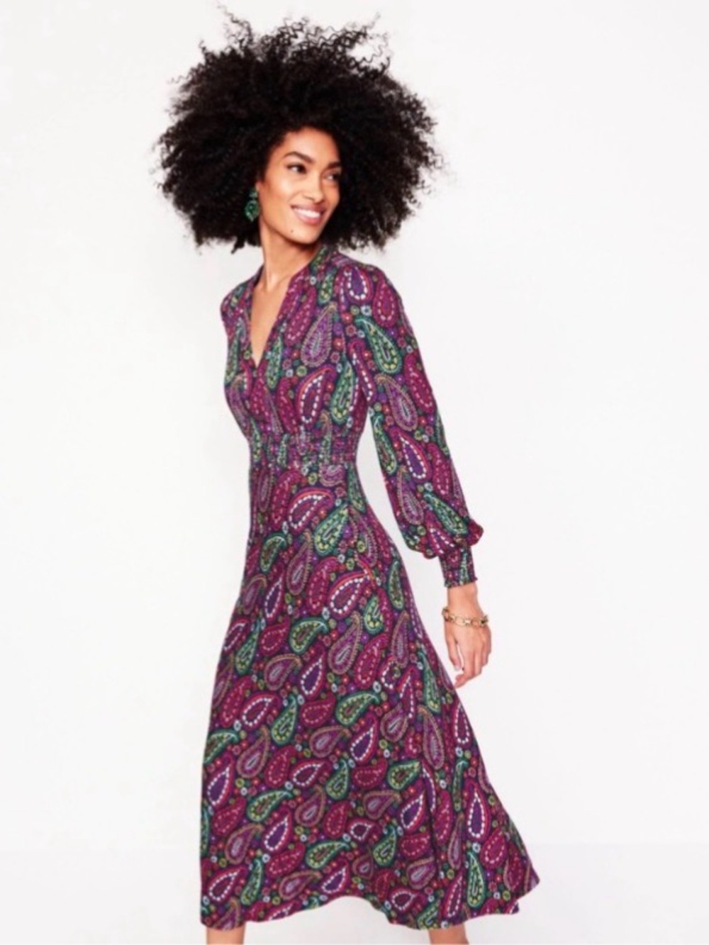 ♻️ Boden Paisley Ivy Smocked V‑Neck Long Sleeve Midi Dress